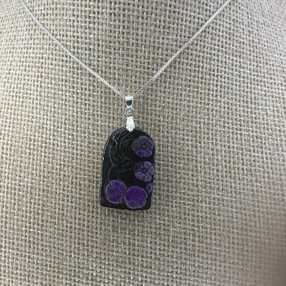 Arch Shaped Deer and Flowers Sugilite Pendant on Sterling Silver Box Chain - Picture 3 of 16